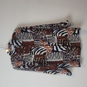 Vtg PIANO Brown Black Multi Animal Print 100% Silk Long Sleeve Blouse